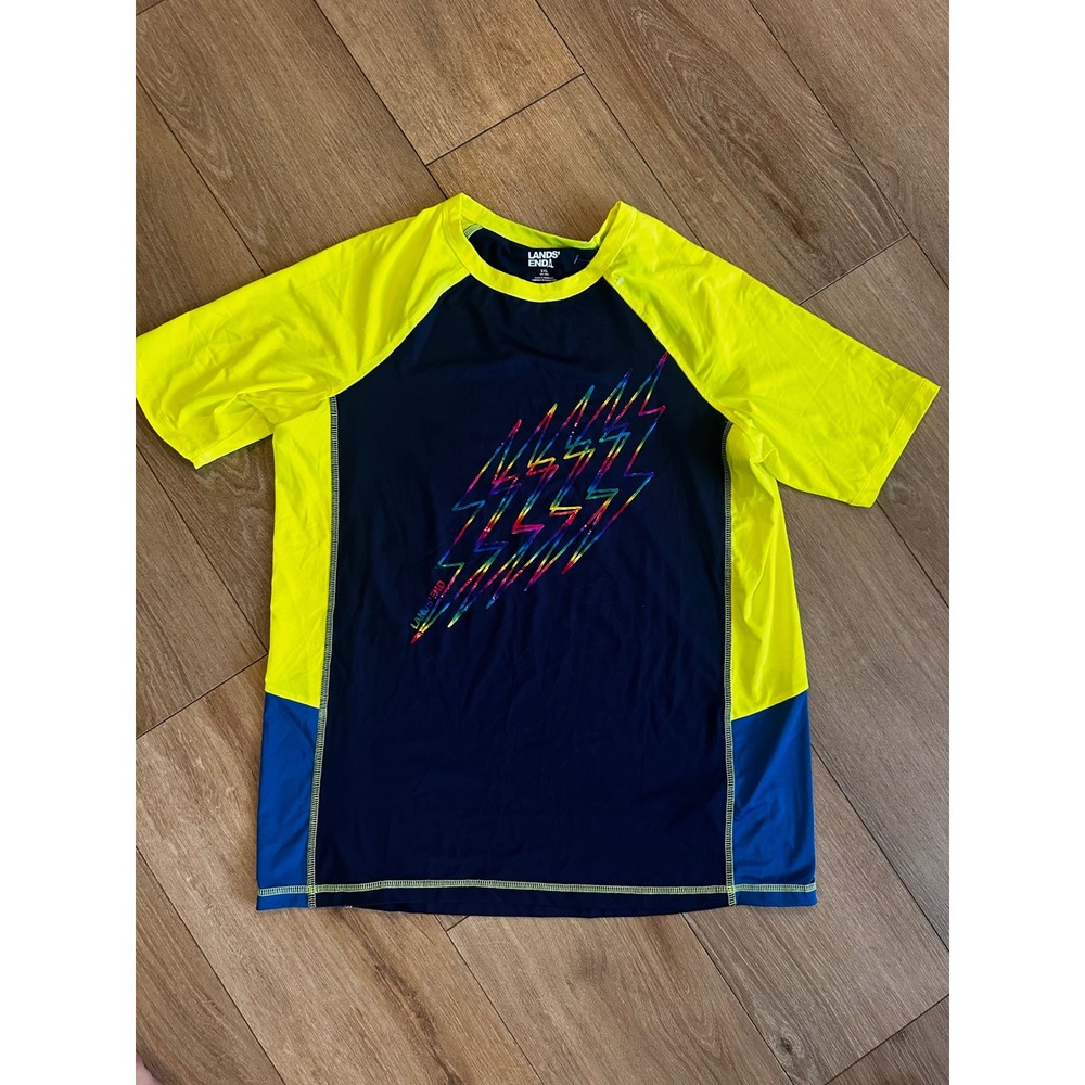 Lands End Kids Navy Lime Rainbow Lightning Bolt Rash Guard Swim Shirt XXL 18-20